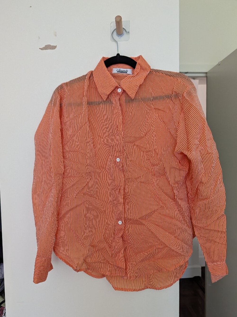 Orange White Candy Stripe Long Sleeve Button Down Shirt Classic Collar Size S